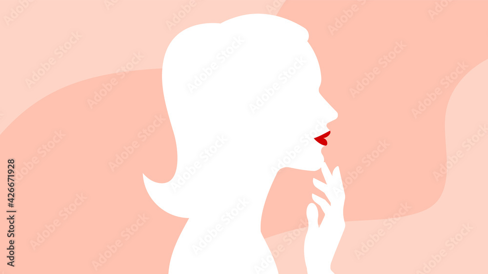 Thought process - silhouette of girl who is thinking and thinking. Female profile on delicate pink background.