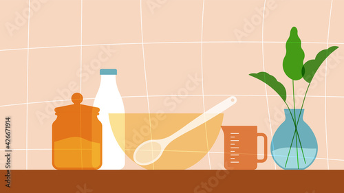Cozy kitchen. Cooking: bowl, measuring cup, sugar, milk. Vase with a plant. Modern illustration in warm neutral colors.