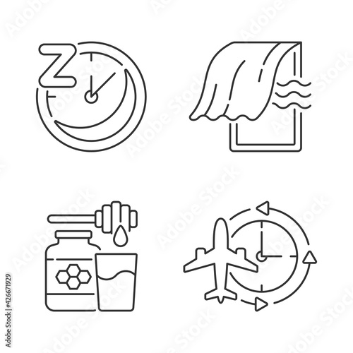 Recommendations to improve sleep linear icons set. Sleep hygiene and regularity. Bedroom airing. Customizable thin line contour symbols. Isolated vector outline illustrations. Editable stroke