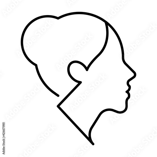 Fototapeta Naklejka Na Ścianę i Meble -  Simple Women's head Vector Line icon. Female user profile icon, side view, head, hairstyle bun. Contemporary modern icon