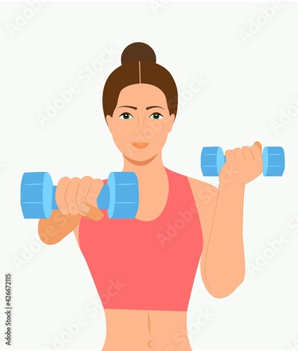 Woman doing fitness exercises. Pretty Fitness girl with dumbbells. Athletic woman holding dumbbells. Beautiful gym girl holing a dumbbell Vector illustration