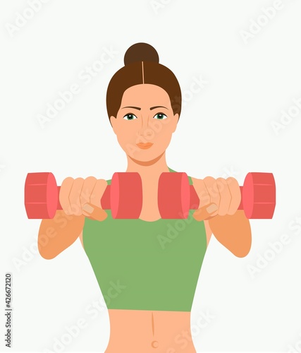 Woman doing fitness exercises. Pretty Fitness girl with dumbbells. Athletic woman holding dumbbells. Beautiful gym girl holing a dumbbell Vector illustration
