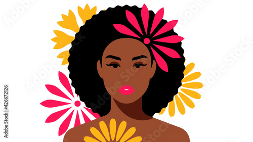 Portrait of beautiful dark skinned women with flower in curly hair. Brunette, short afro hair. Female portrait, head, shoulders, abstract floral shapes. Modern vector avatar, logo, print, banner.