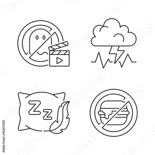 Causes for bad sleep linear icons set. No horror movie. Stress and anxiety. Comfortable pillow. Customizable thin line contour symbols. Isolated vector outline illustrations. Editable stroke