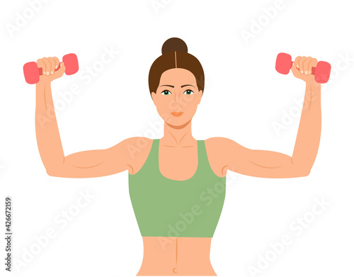 Woman doing fitness exercises. Pretty Fitness girl with dumbbells. Athletic woman holding dumbbells. Beautiful gym girl holing a dumbbell Vector illustration