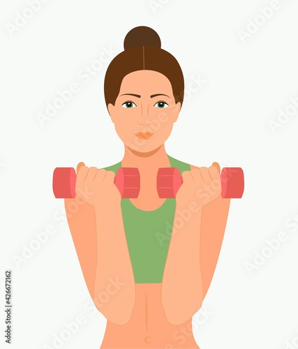 Woman doing fitness exercises. Pretty Fitness girl with dumbbells. Athletic woman holding dumbbells. Beautiful gym girl holing a dumbbell Vector illustration