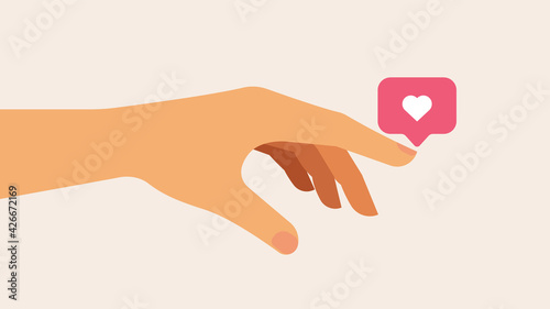 Addiction to social networks and blogs. Hand with Like icon vector. Concept of virtual dating, love on social networks, relationships at a distance. Vector illustration