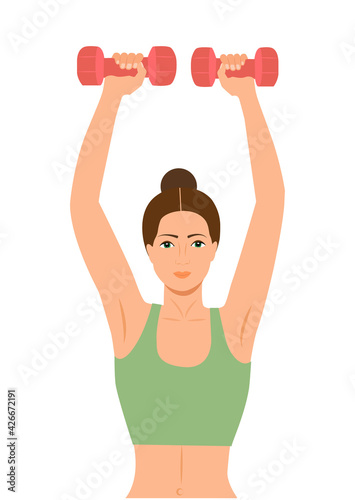 Woman doing fitness exercises. Pretty Fitness girl with dumbbells. Athletic woman holding dumbbells. Beautiful gym girl holing a dumbbell Vector illustration