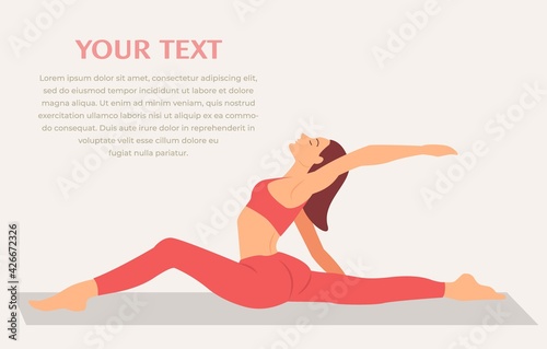 Woman practicing yoga fitness gymnastics. Banner with illustration of woman doing yoga asana or pilates exercise on mat Vector Illustration. Girl standing in stretching posture