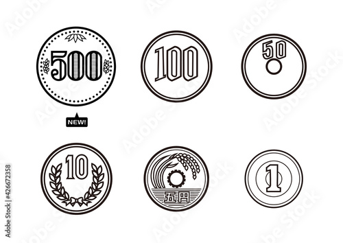 日本のお金のセット 新500円硬貨 100円 50円 10円 5円 1円 イラスト ベクター