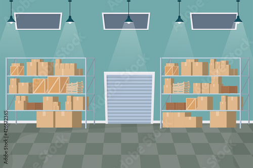 Warehouse interior in cartoon style with boxes, wooden containers, packages building inside. Industry shelfs and door, Empty logistic service
