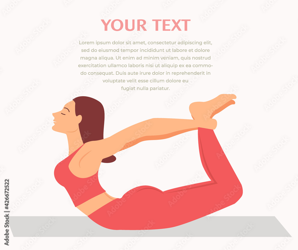Woman practicing yoga fitness gymnastics. Banner with illustration of woman doing yoga asana or pilates exercise on mat Vector Illustration. Girl standing in Bow or Dhanurasana pose Woman practicing yoga fitness gymnastics. Banner with illustration of woman doing yoga asana or pilates exercise on mat Vector Illustration. Girl standing in Bow or Dhanurasana pose
