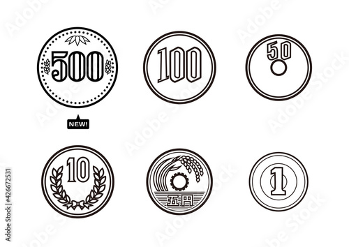 日本のお金のセット 新500円硬貨 100円 50円 10円 5円 1円 イラスト ベクター