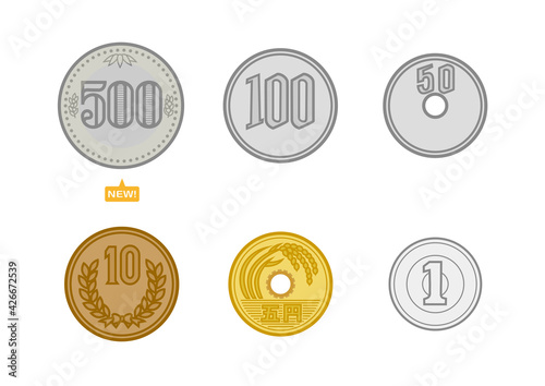 日本のお金のセット 新500円硬貨 100円 50円 10円 5円 1円 イラスト ベクター