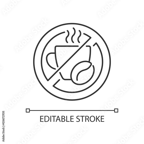 No caffeine linear icon. Limit coffee intake. Dietary drink. Avoid unhealthy product. Thin line customizable illustration. Contour symbol. Vector isolated outline drawing. Editable stroke