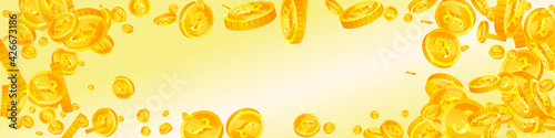 British pound coins falling. Dazzling scattered GBP coins. United Kingdom money. Fetching jackpot, wealth or success concept. Vector illustration.
