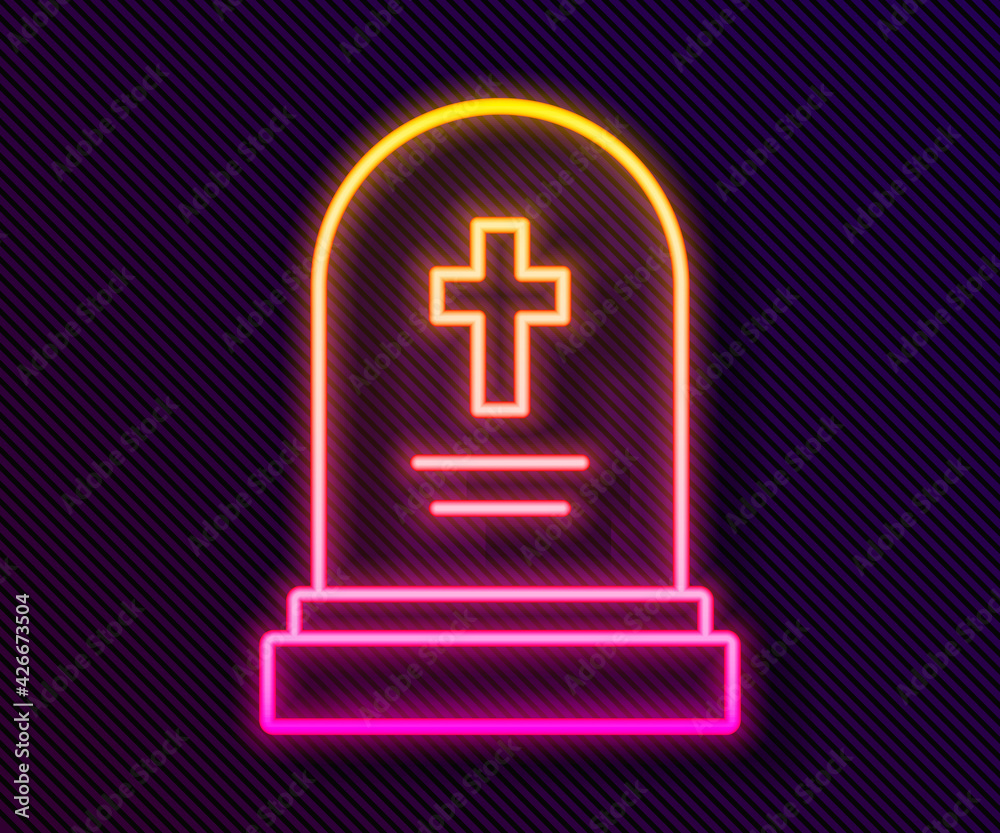 Glowing neon line Grave with tombstone icon isolated on black background. Vector Glowing neon line Grave with tombstone icon isolated on black background. Vector