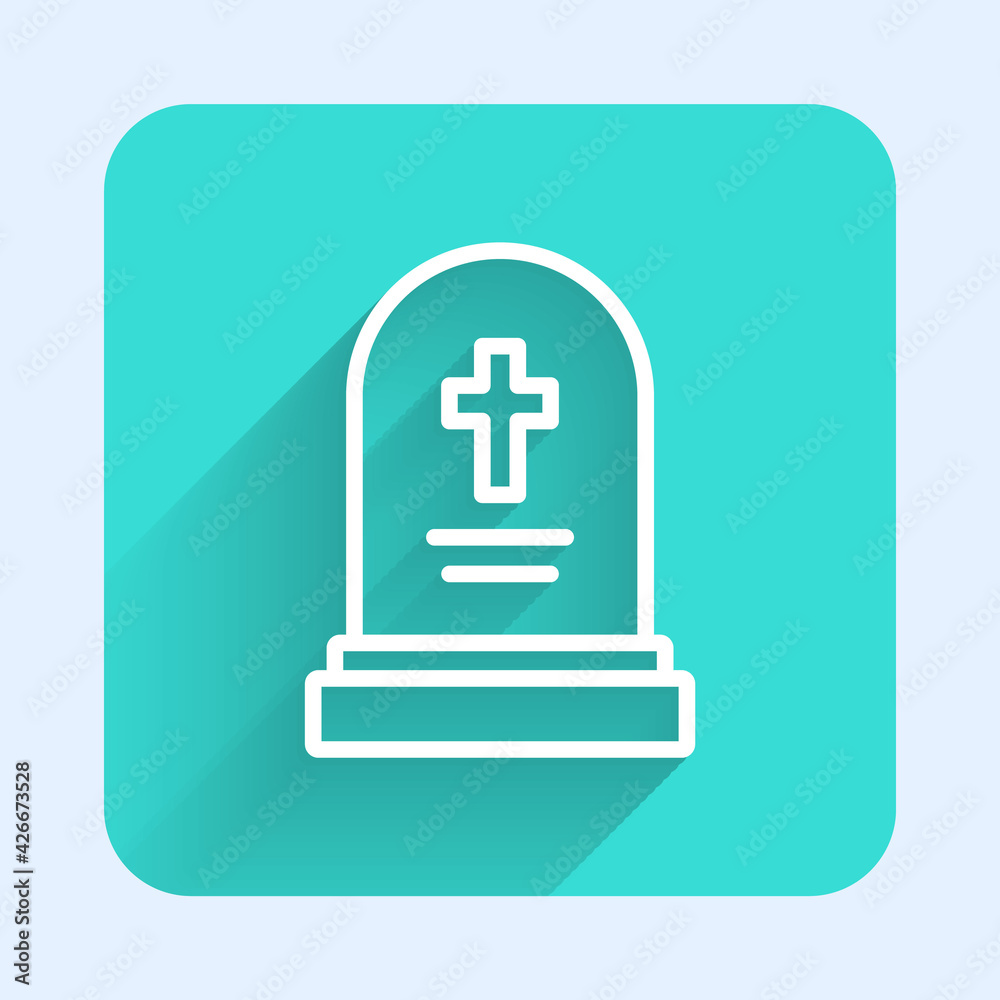 White line Grave with tombstone icon isolated with long shadow. Green square button. Vector White line Grave with tombstone icon isolated with long shadow. Green square button. Vector