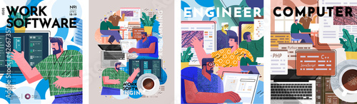 Engineer, software and programming. Vector illustration of working people at the computer in the office, monitors with programs and software developers. Drawings for poster, cover or background