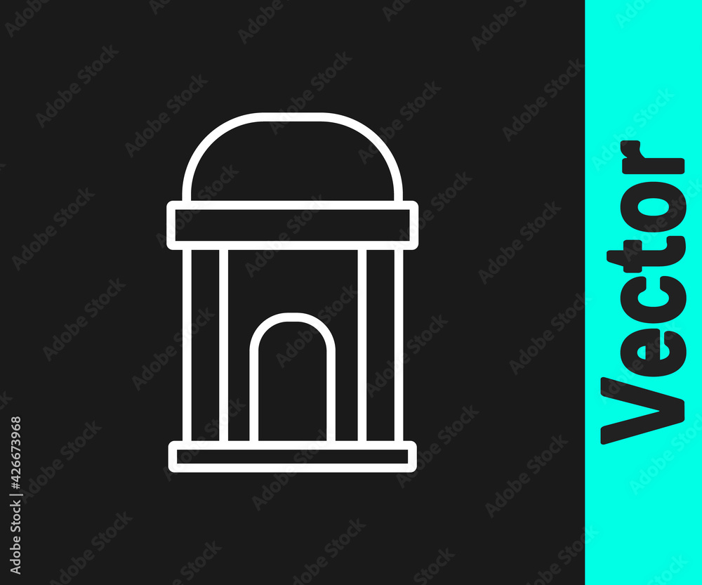 White line Old crypt icon isolated on black background. Cemetery symbol. Ossuary or crypt for burial of deceased. Vector White line Old crypt icon isolated on black background. Cemetery symbol. Ossuary or crypt for burial of deceased. Vector