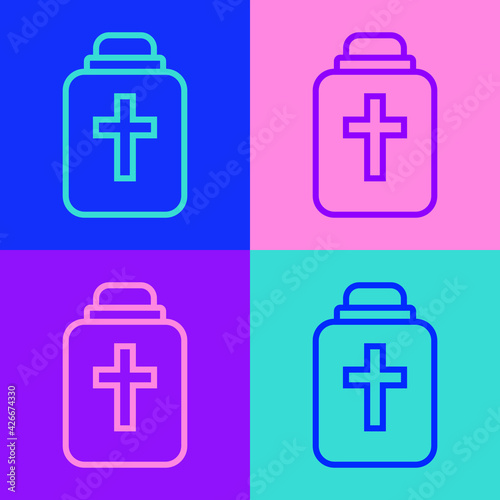 Pop art line Funeral urn icon isolated on color background. Cremation and burial containers, columbarium vases, jars and pots with ashes. Vector