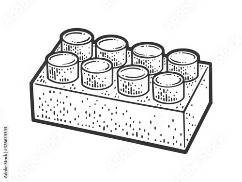 Brick toy construction set sketch engraving vector illustration. T-shirt apparel print design. Scratch board imitation. Black and white hand drawn image.