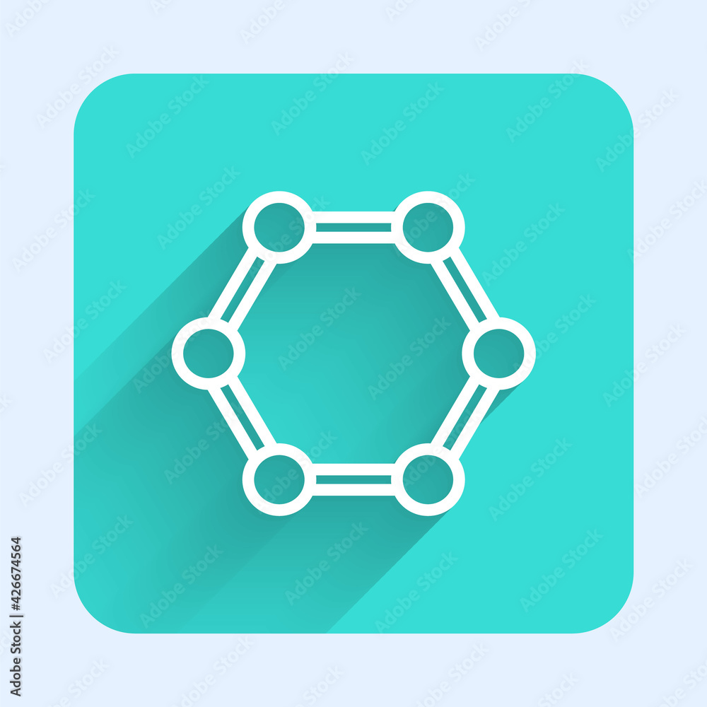 White line Molecule icon isolated with long shadow. Structure of molecules in chemistry, science teachers innovative educational poster. Green square button. Vector