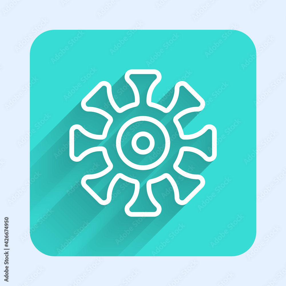 White line Bacteria icon isolated with long shadow. Bacteria and germs, microorganism disease causing, cell cancer, microbe, virus, fungi. Green square button. Vector White line Bacteria icon isolated with long shadow. Bacteria and germs, microorganism disease causing, cell cancer, microbe, virus, fungi. Green square button. Vector