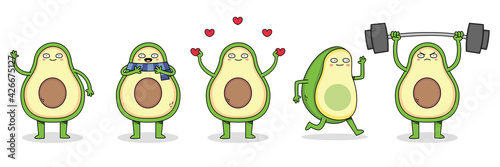 Cute avocado cartoon character set 1 of waving, wearing scarf, spreading love, running and weight lifting