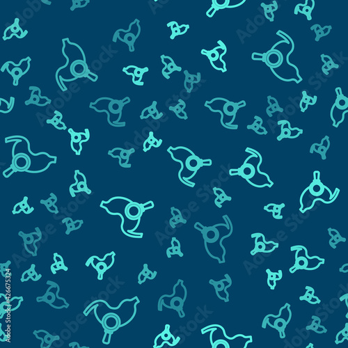 Green line Human stomach with magnifying glass icon isolated seamless pattern on blue background. Vector