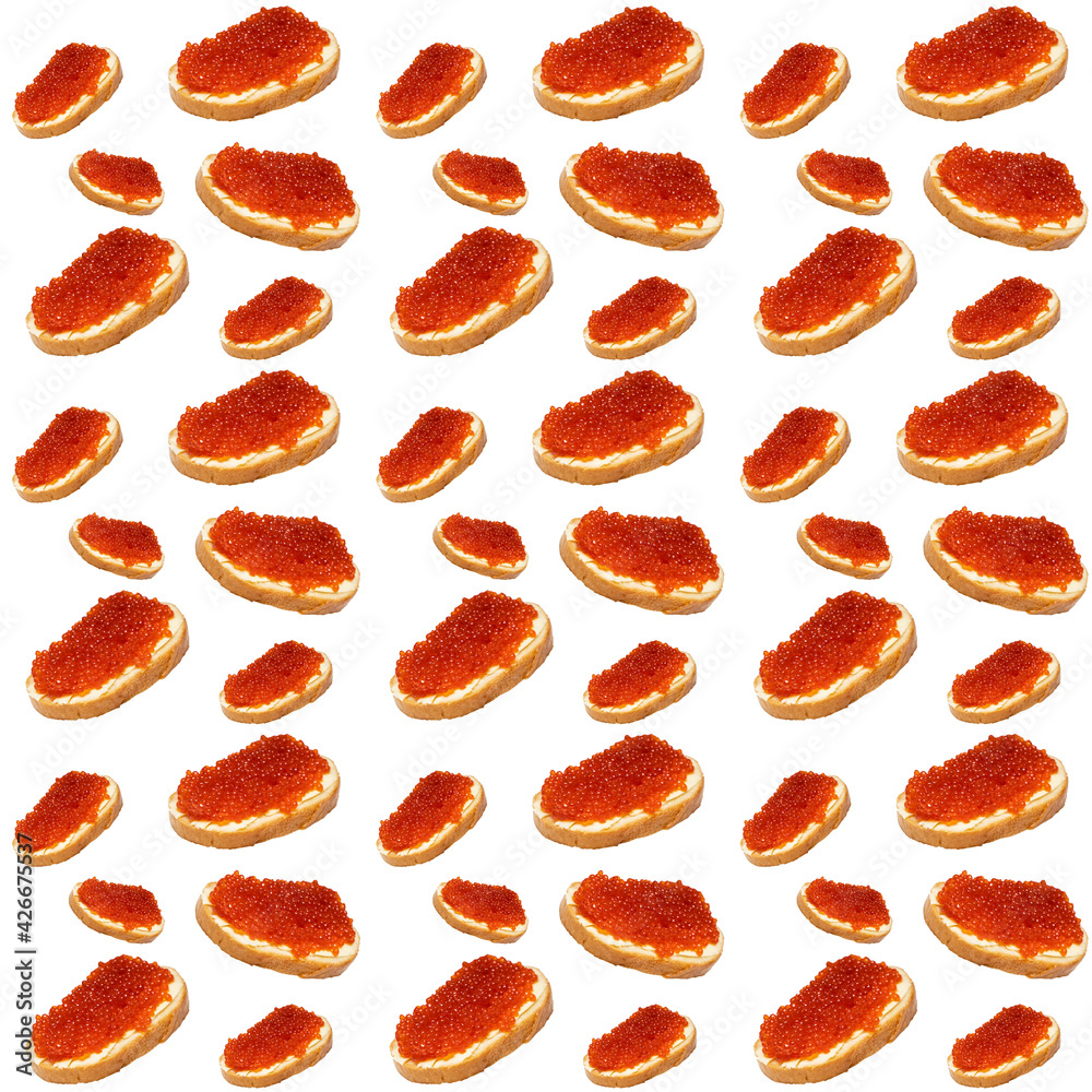Seamless pattern of sandwich with red caviar on white background. Food abstract seamless pattern.