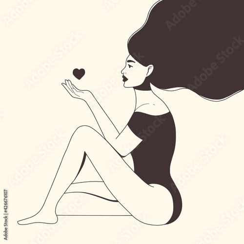 Beautiful woman with long hair. Love yourself or body positive concept. Modern design for International Women's Day, Valentine's Day. Flat vector illustration.