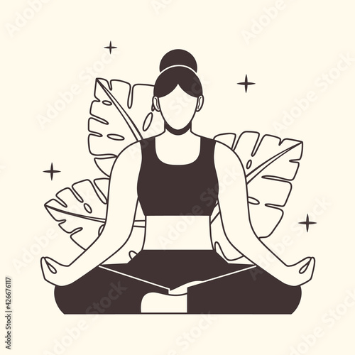 Young woman sits in the lotus position and meditating. The concept of yoga, meditation and relax. Health benefits for the body, mind and emotions. Flat vector illustration.