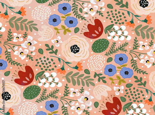 Floral watercolor cute pattern. Vector illustration of flowers, leaves, petals and buds for background, card or invitation