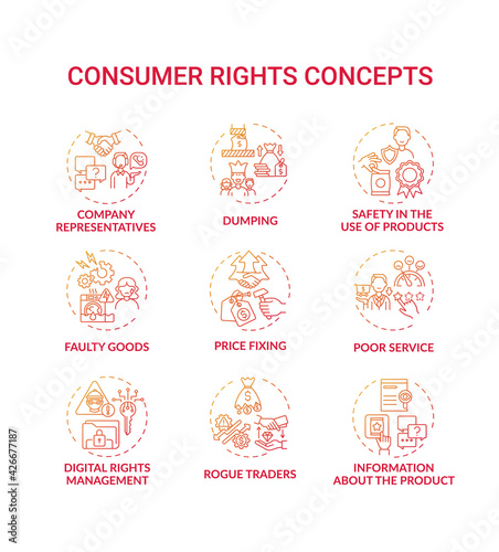 Consumer rights concept icons set. Safety in products use idea thin line RGB color illustrations. Digital rights management. Dumping. Poor service. Rogue traders. Vector isolated outline drawings