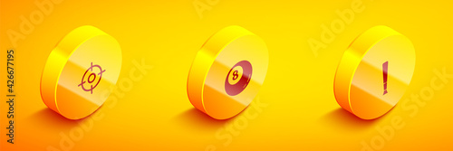 Set Isometric Target sport, Billiard pool snooker ball and Baseball bat icon. Vector