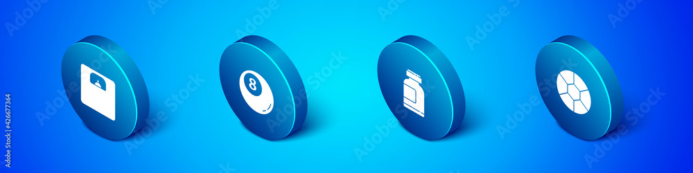Set Isometric Bathroom scales, Sports nutrition, Football ball and Billiard pool snooker icon. Vector