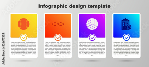 Set Tennis ball, Glasses for swimming, Volleyball and Checklist clipboard and tennis. Business infographic template. Vector