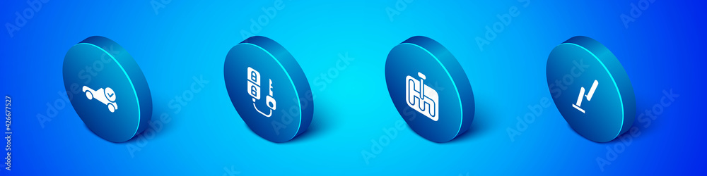 Set Isometric Auto service check automotive, Gear shifter, Windscreen wiper and Car key with remote icon. Vector Set Isometric Auto service check automotive, Gear shifter, Windscreen wiper and Car key with remote icon. Vector