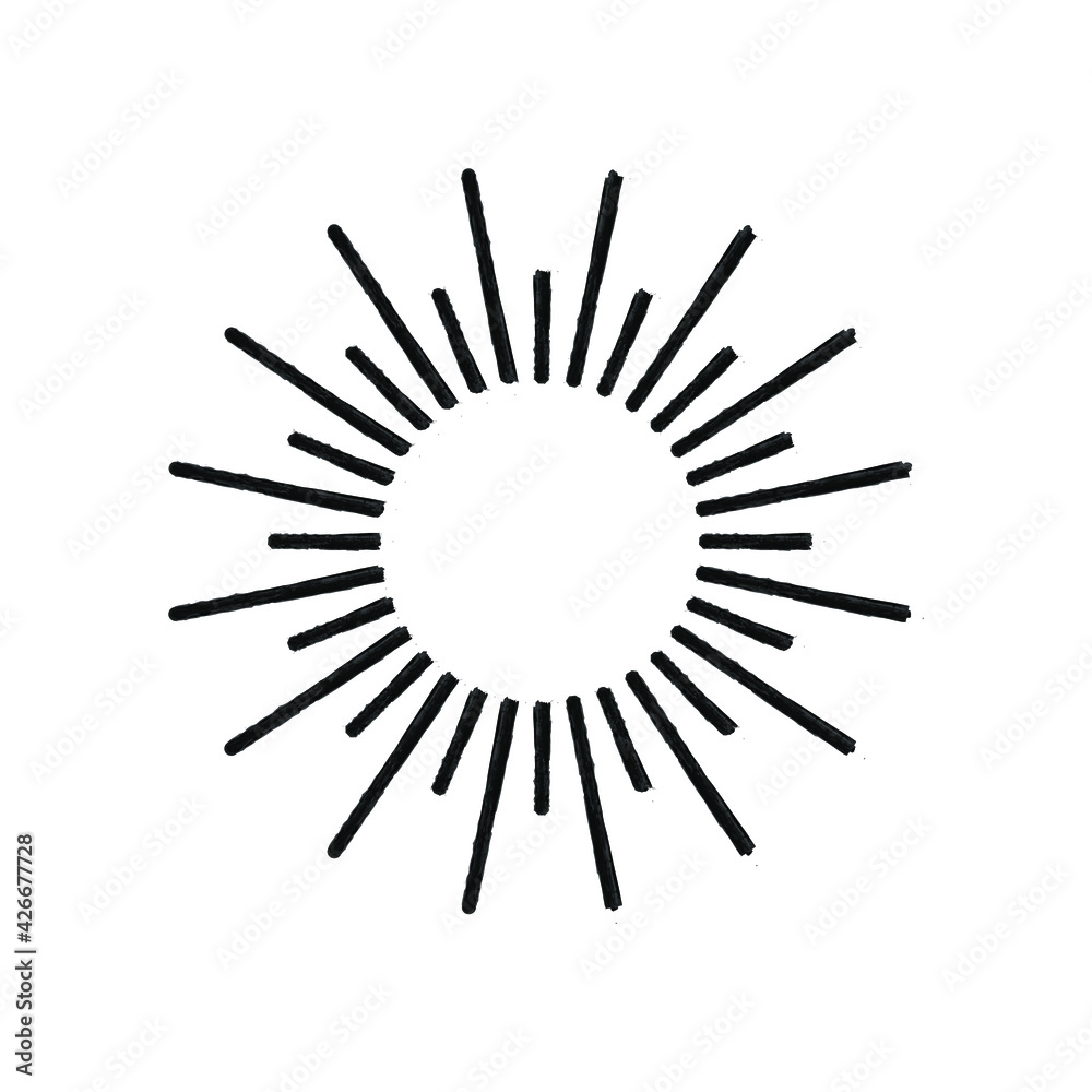 Vector hand drawn shine sign, rays, retro style, black paint brush strokes isolated on white background, circle.
