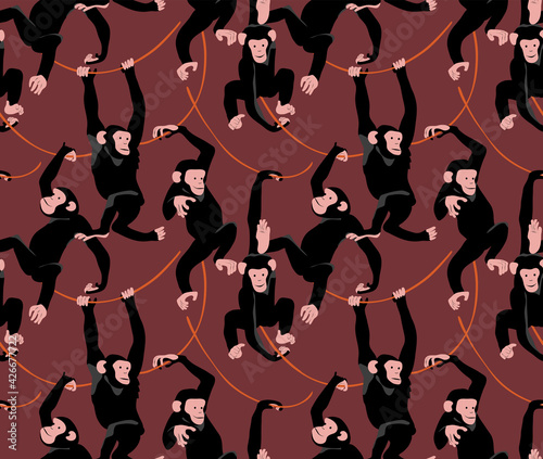 Seamless wallpaper pattern. Funny Cartoon Monkey Characters on a burgundy background. Textile composition  hand drawn style print. Vector illustration.