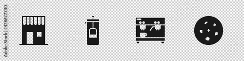 Set Coffee shop, French press, machine and Cookie or biscuit icon. Vector