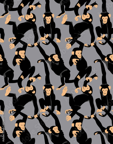 Seamless wallpaper pattern. Funny Cartoon Monkey Characters on a gray background. Textile composition, hand drawn style print. Vector illustration.