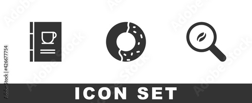 Set Coffee book, Donut with sweet glaze and Selection coffee beans icon. Vector