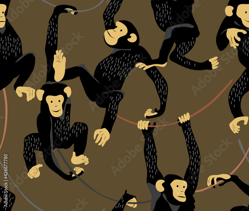 Seamless wallpaper pattern. Funny Cartoon Monkey Characters on a khaki background. Textile composition, hand drawn style print. Vector illustration.