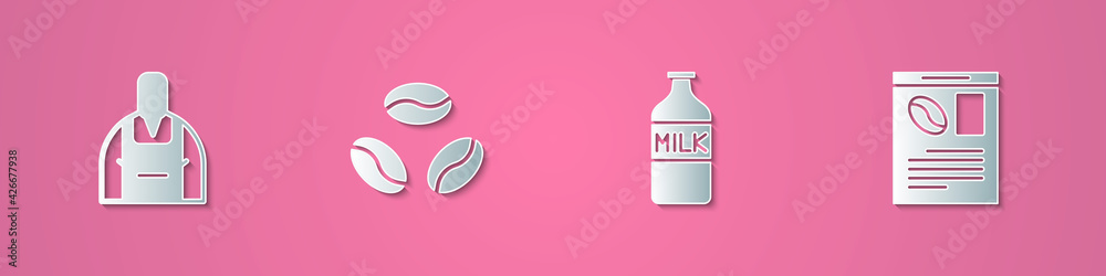 Set paper cut Barista, Coffee beans, Bottle with milk and Newspaper and coffee icon. Paper art style. Vector Set paper cut Barista, Coffee beans, Bottle with milk and Newspaper and coffee icon. Paper art style. Vector