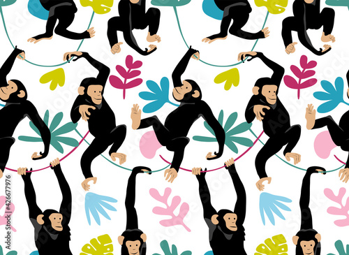 Seamless wallpaper pattern. Funny Cartoon Monkey Characters. Textile composition, hand drawn style print. Vector illustration.