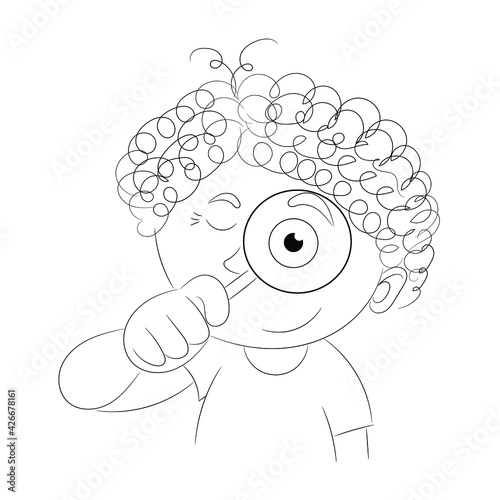 Sketch portrait of a curly-haired boy who is looking at us through a magnifying glass