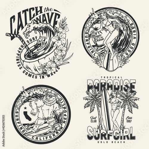 Summer surfing vintage monochrome prints