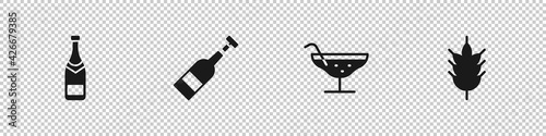 Set Champagne bottle, Opened of wine, Cocktail and Hop icon. Vector